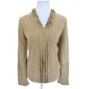 Madison Hill Ruffled Beige Suede 100% Leather Jacket Full Zip Blazer Women Sz 12